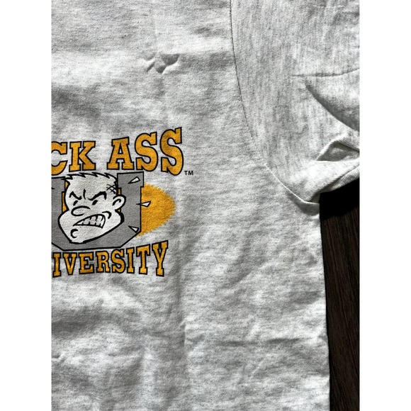 Vtg Deadstock Kick Ass University 90s Gray Cartoon Shirt M College Single Stitch - Picture 6 of 8
